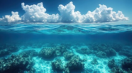 Serene View of Crystal Clear Ocean Water with Coral Reef Beneath a Beautiful Sky Filled with Fluffy Clouds and Gentle Waves Reflecting Sunlight