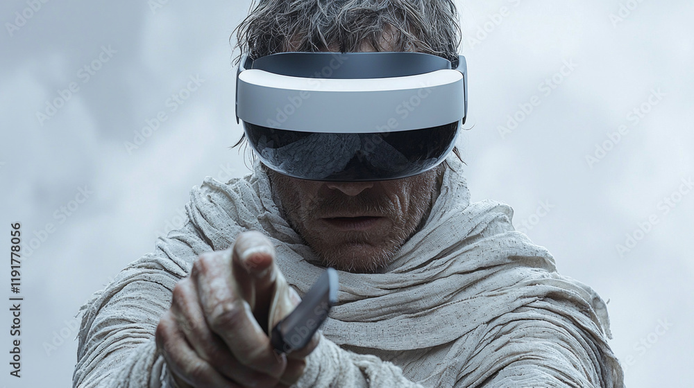 Poster man stands powerfully in dynamic pose while wearing vr headset and gripping motion controllers. his 