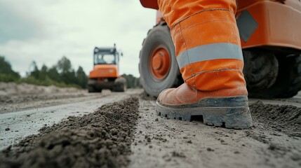A detailed view of an engineer inspecting soil compaction levels on a road construction site, Soil compaction inspection scene, Civil engineering style