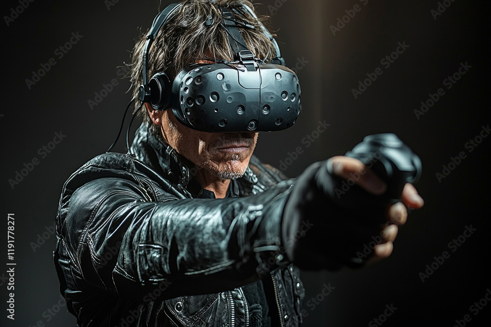 Poster man displays determined expression while wearing modern virtual reality headset poised strike his mo
