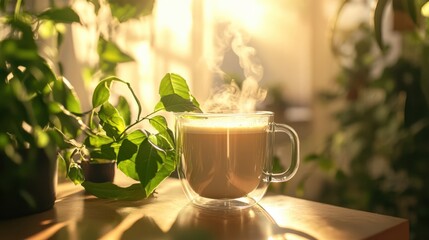 A cup of coffee sits on a wooden table next to a plant