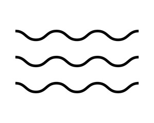 Water icon. Wavy parallel horizontal black lines sign isolated on white background. Ocean, sea or river water symbols. Air, wind or flow pictogram. Vector graphic illustration.