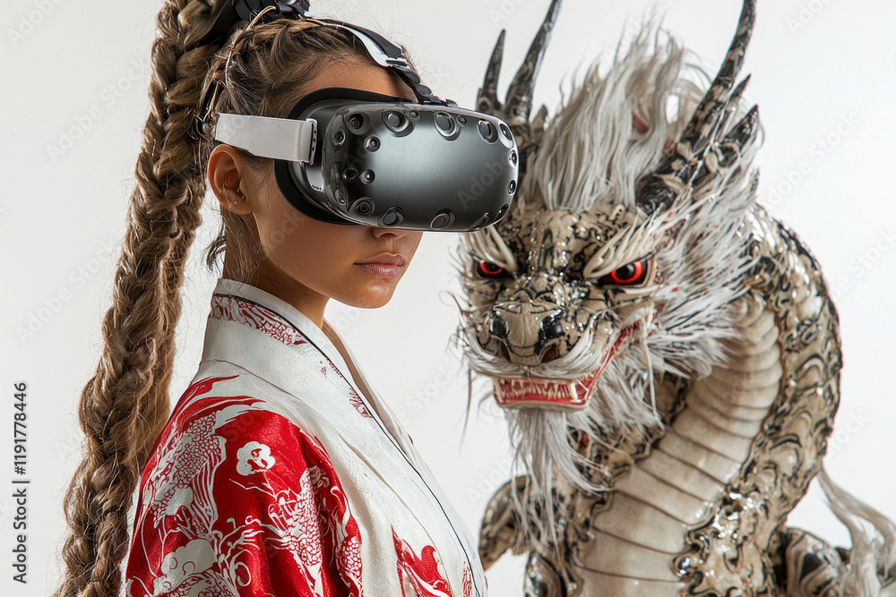 Poster person is immersed in virtual reality wielding sword in dynamic pose as they confront unseen dragon.
