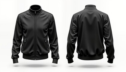 Blank black track jacket mockup. Front, back views isolated on white background. Versatile design template. Sporty style. Modern, sleek. High-quality photorealistic render. Ideal for apparel design