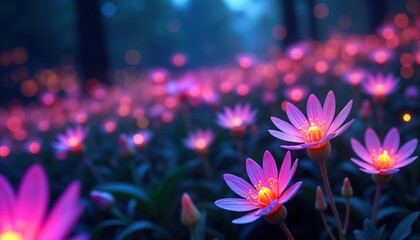 Bioluminescent flowers glow in fantasy garden. Vibrant colors like pink, purple create magical atmosphere. Flora blooms beautifully. Vibrant scene in night garden. Beautiful floral display. Nature