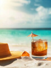 A refreshing cocktail garnished with a tiny umbrella rests on the beach sand beside a sun hat, embodying the relaxation and joy of a perfect summer day.