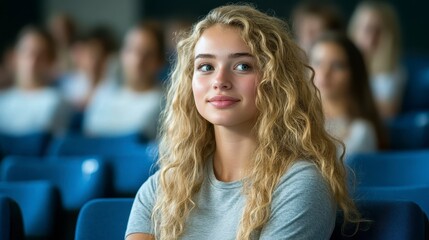 Young Blonde Woman with Curly Hair Sitting in a Lecture Hall Attentive Student