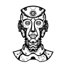 Mascot illustration of head of a female humanoid robot cyborg viewed from front on isolated background in black and white retro style.
