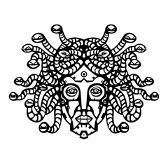 Mascot illustration of head of a humanoid female robot cyborg like Medusa or Gorgo or the Gorgon with robotic snakes as hair viewed from front on isolated background in retro style.
