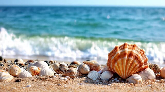 Beautiful shells on the sand are washed by the waves. Marine banner.  