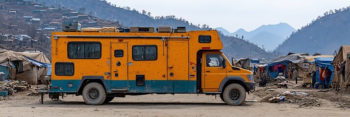 Mobile healthcare clinic set up in a rural village where doctors provide checkups immunizations and free medical consultations to residents