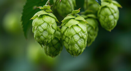 Green Hop Cones Closeup on the Blurred Background