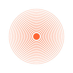 Concentric orange circles. Sunburst, sunrise or sunset icon. Pain or ache localization sign. Shockwave, radiation or vibration symbol. Sound, radar signal or sonar wave pictogram. Vector illustration.