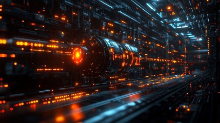 Obraz premium Futuristic Cyberpunk Cityscape Glowing Orange Neon Lights and Dark Metallic Structures in a Sci Fi