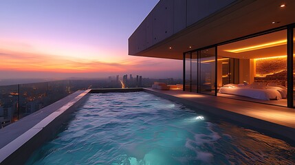 Obraz premium Rooftop infinity pool sunset city view luxury penthouse