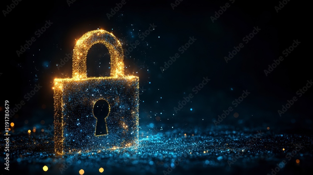 Poster glowing particle padlock digital security concept cyber protection data encryption