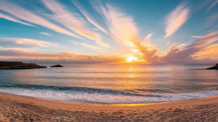 Obraz premium A stunning beach sunset with vibrant colors reflecting on calm waters, featuring soft waves gently lapping the sandy shore.