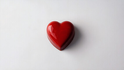 Red Heart-Shaped Chocolate: A simple yet striking photo of a single, perfectly shaped red heart-shaped chocolate captured from a top-down angle on a smooth white background