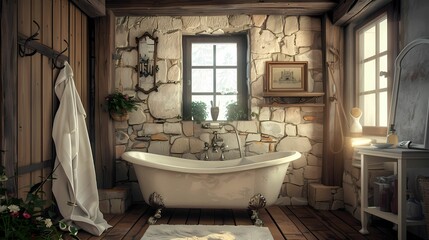Rustic Spa Haven Bathroom with vintage style wooden beams
