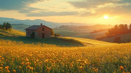 Serene Sunset Landscape Rustic Farmhouse in Rolling Hills with Golden Wildflowers