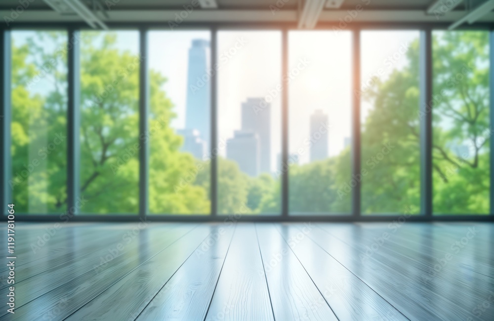 Poster empty modern office space with large windows overlooking park. sunlight filters through trees creati