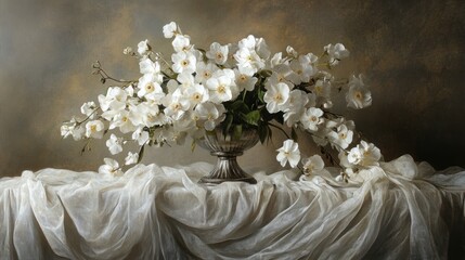 Serene Still Life: White Flowers in Silver Vase