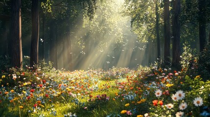 Obraz premium Sunlit Forest Meadow Vibrant Wildflowers Lush Greenery Magical Sunlight Beams