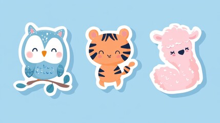 Naklejka premium Adorable Cartoon Animals Stickers: Owl, Tiger, and Llama