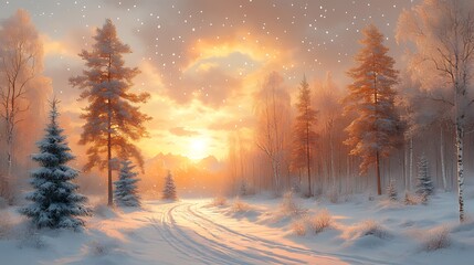 Fototapeta premium Snowy forest road sunset winter landscape, snowfall, calender