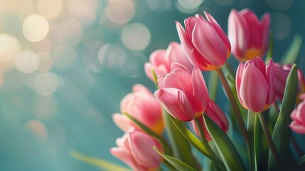Obraz premium Lush Group of Soft Pink Tulips Against a Blurred Background with Gentle Light Highlights and Bokeh Effect for Spring and Floral Themes