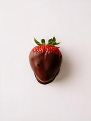 Strawberry Chocolate Coated: A simple yet striking photo of a single, glossy strawberry dipped in rich chocolate placed against a clean white background