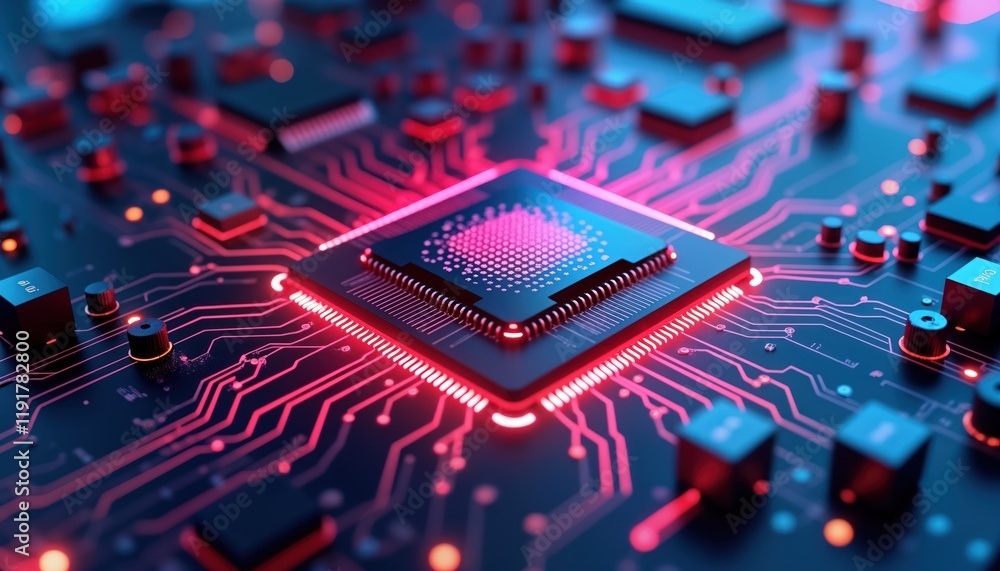 Poster high-tech circuit board with glowing components. futuristic tech illustration shows complex electron