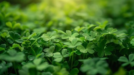 Obraz premium Lush Green Clover Field Bathed in Soft Sunlight with Dewdrops, Perfect for Nature and Freshness Themes in Photography and Art Projects