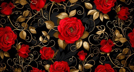 red roses on a black background with gold