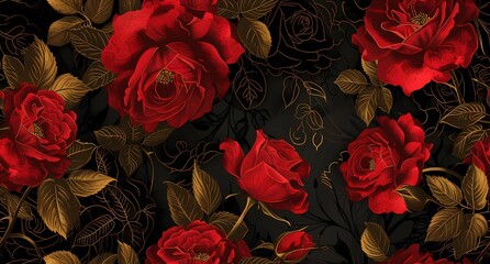 red roses on a black background with gold