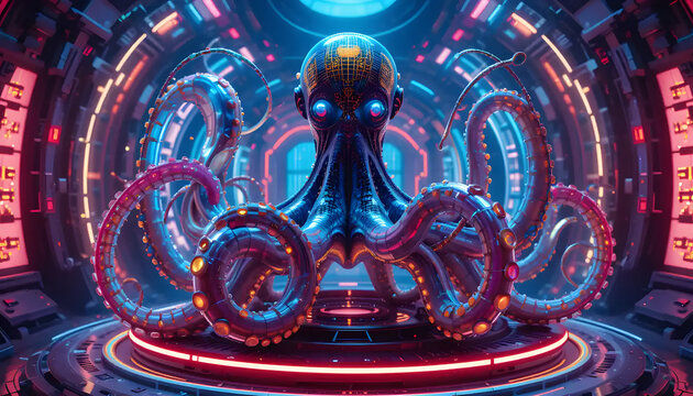 Cybernetic Octopus in Futuristic Chamber