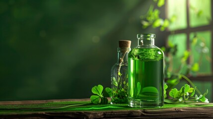 Green Glass Bottles with Fresh Herbal Liquid Surrounded by Vibrant Green Clover Leaves and Sunlight Filtering Through a Window in a Warm Rustic Setting