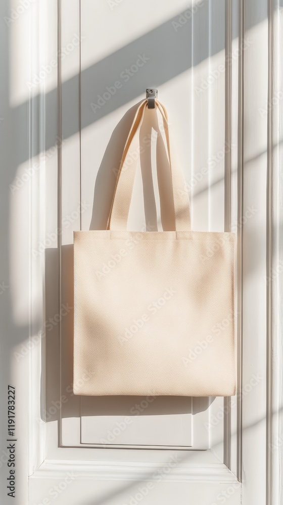 Poster Beige tote bag mockup hanging on a white door, with soft window light casting gentle shadows, ideal for displaying unique designs and branding concepts in a minimalistic setting