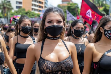 Naklejka premium Women Marching in Feminist Protest, Celebrating International Women's Day, Empowerment, Unity, Equality, Symbolic Event, Feminism Concept