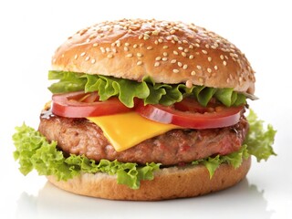 fresh tasty burger, hamburger isolated on white background with beef meat tomatoes delicious salad  and cheese, tasty sandwich fast food