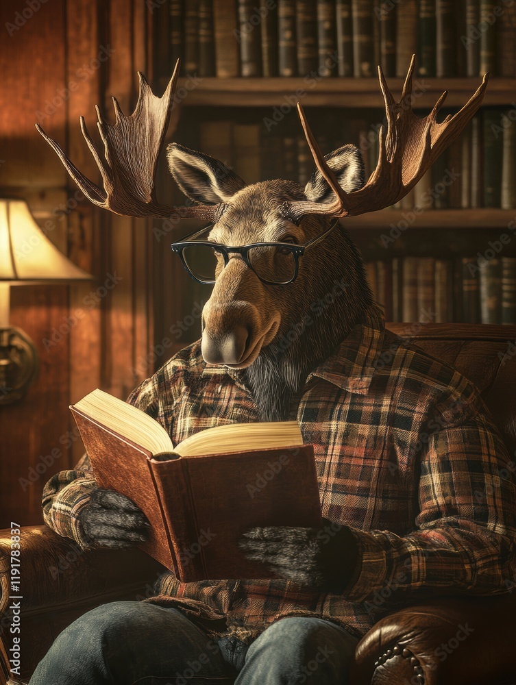 Aufkleber moose wearing reading glasses enjoys a book in a cozy vintage library filled with wooden bookshelves
