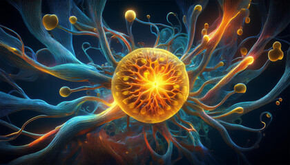 a glowing abstract representation of a cellular organism in dark background