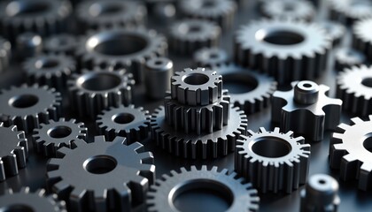 3D printed metal and plastic gears. Close-up view. High tech industrial design. Modern mechanical parts. Advanced manufacturing processes. Innovation in engineering.