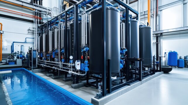 A large industrial building with a blue waterway running through it