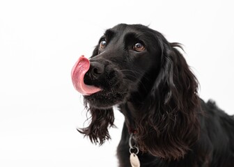 A black cocker spaniel licking his lips isolated on a white background