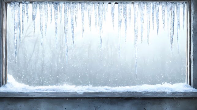 Frosted window with glimmering icicles hanging from the ledge against a wintery background, icycles, icy, seasonal. Frostwood. Illustration