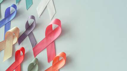 Colorful ribbons, world cancer day, World Autism Awareness Day concept
