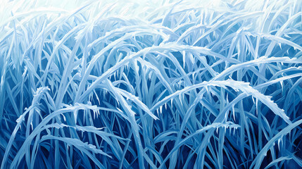 Frosty morning grass in extreme closeup, ice crystals on thin blades, blending blues and whites in intricate texture. Frostwood. Illustration