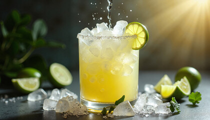 Refreshing cocktail with ice and lime against dark background, International Bartender Day