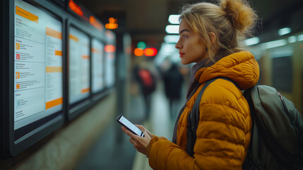 A modern subway station with a commuter reading the schedule on a digital display, highlighting urban transit and advanced technology
